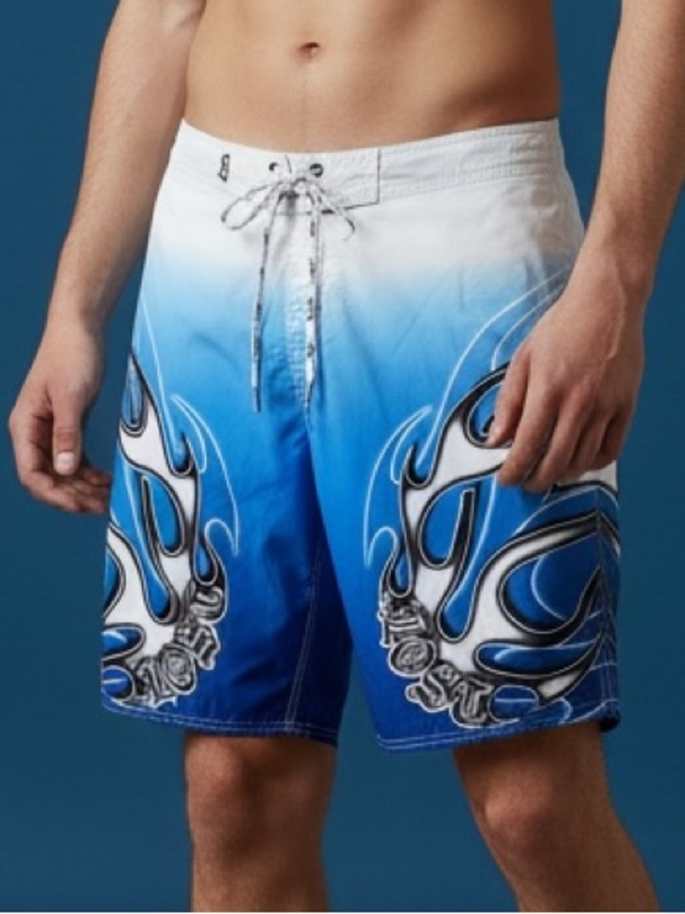 Y2K 2000s LOST Blue Gradient Flame Men's Swim Trunks. Sz 38